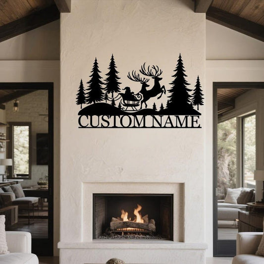 Personalized Santa Sleigh Metal Wall Art: Christmas Deer Sign