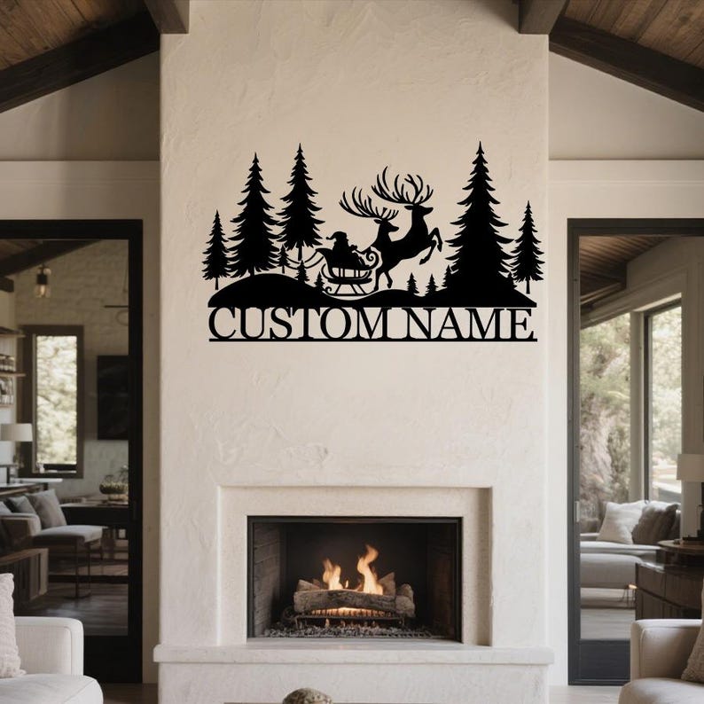 Personalized Santa Sleigh Metal Wall Art: Christmas Deer Sign