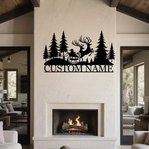 Personalized Santa Sleigh Metal Wall Art: Christmas Deer Sign