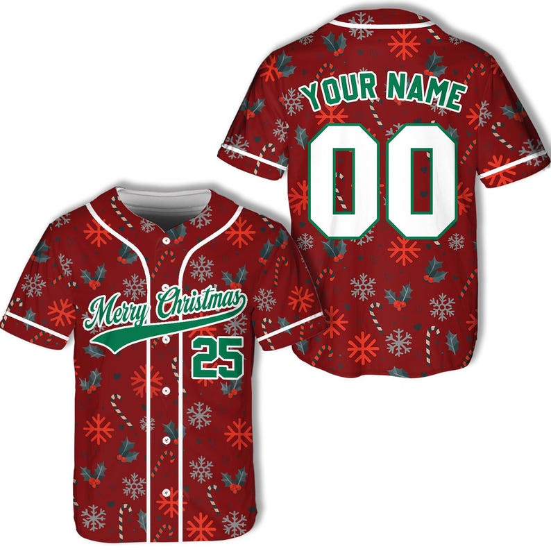 Personalized Christmas Baseball Jersey Adult Kid Youth, Custom Name Number Holiday Jersey, Xmas Gift Team Uniform Merry Christmas Shirt