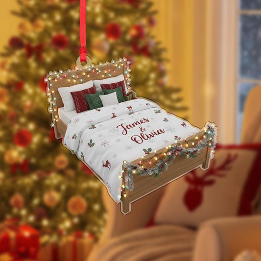 Personalized Bed Ornament with Names, Christmas Tree Decoration with Lights and Holiday Bedding