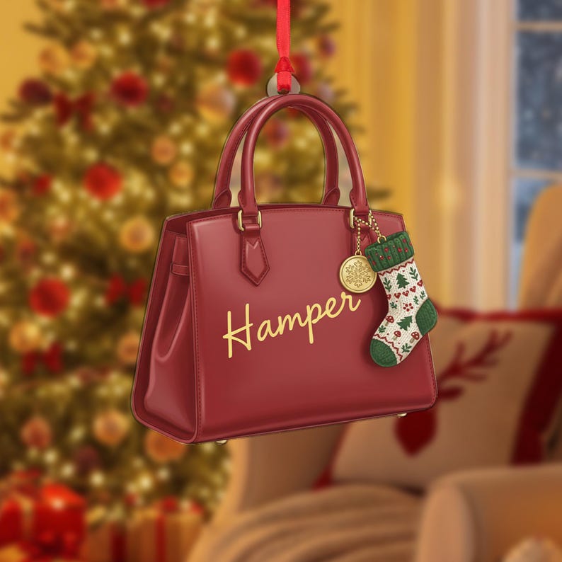 Personalized Handbag Ornament, Custom Name Christmas Tree Decoration with Red Purse and Stocking