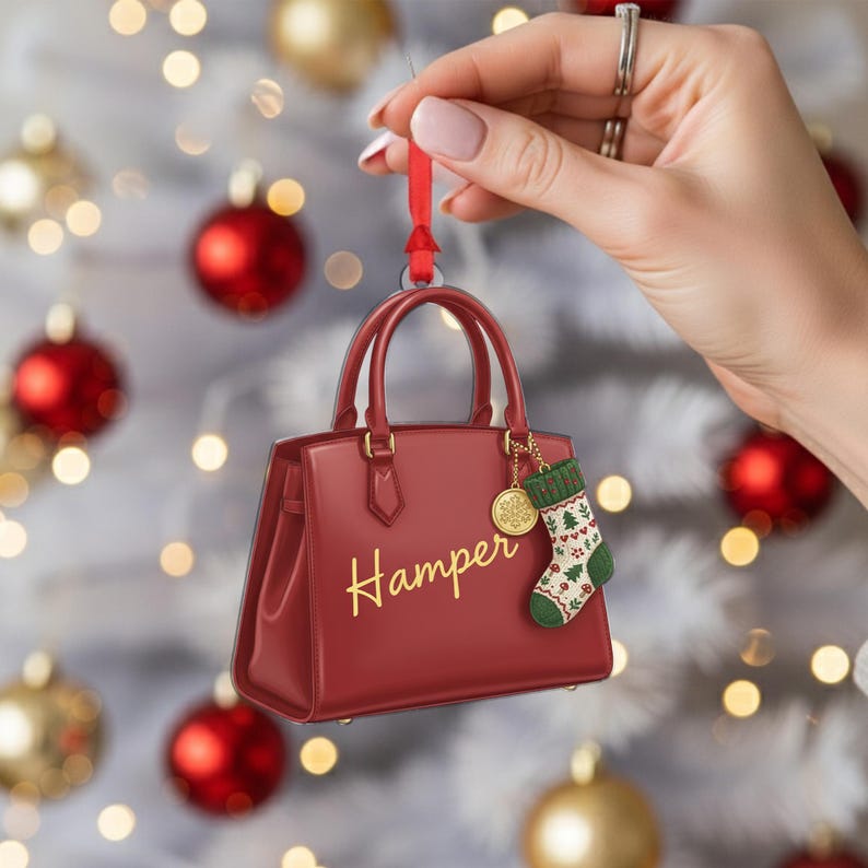 Personalized Handbag Ornament, Custom Name Christmas Tree Decoration with Red Purse and Stocking