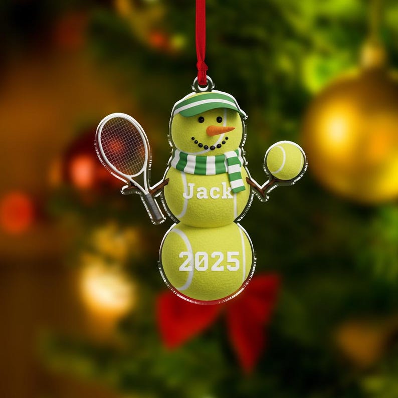 Personalized Acrylic Snowman Ornament Tennis Theme, Name & Year Holiday Tree Decoration