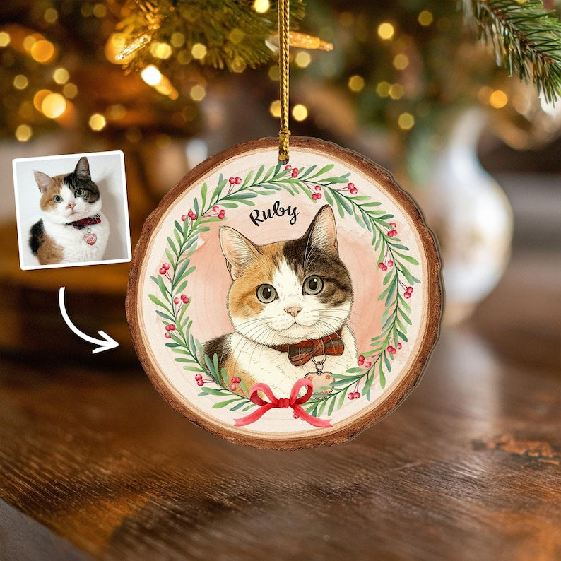 Personalized Cat Portrait From Photo Ornament, Dog Christmas Ornament, Cat Lover Gift, Pet Memorial Gift, Pet Sympathy Gift, Christmas Decor