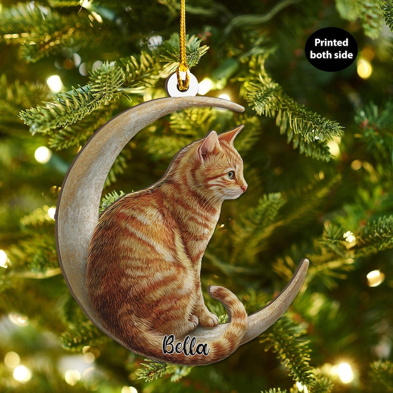 Personalized Tabby Cat on Moon Wood Christmas Ornament Flat 2D Ash Plywood Cutout | Holiday Tree Keepsake Gift Cat Lovers & Pets
