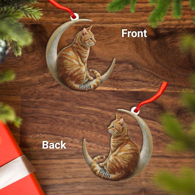 Personalized Tabby Cat on Moon Wood Christmas Ornament Flat 2D Ash Plywood Cutout | Holiday Tree Keepsake Gift Cat Lovers & Pets
