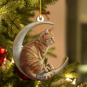 Personalized Tabby Cat on Moon Wood Christmas Ornament Flat 2D Ash Plywood Cutout | Holiday Tree Keepsake Gift Cat Lovers & Pets