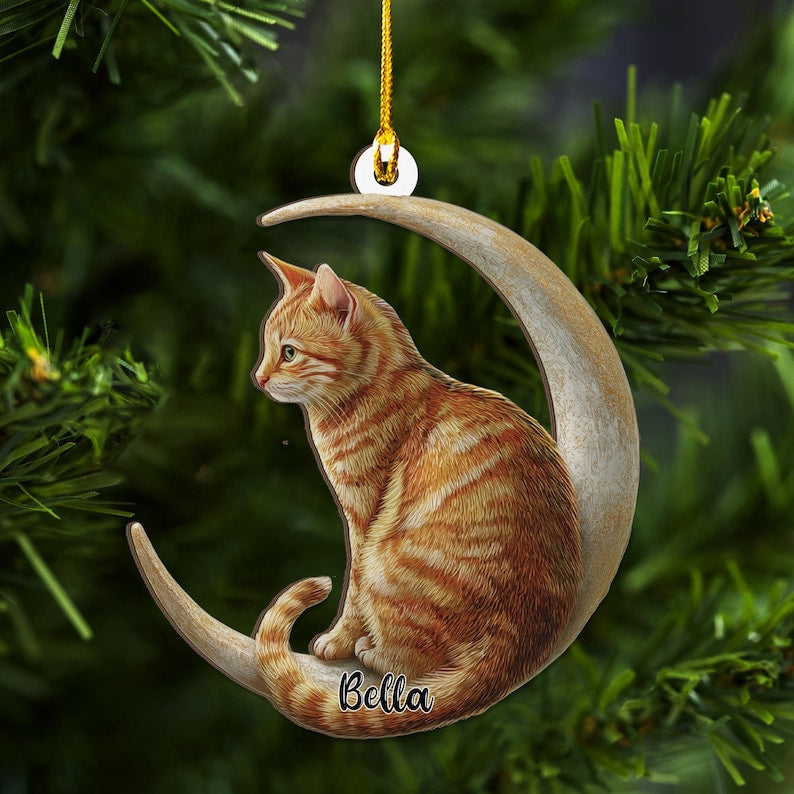 Personalized Tabby Cat on Moon Wood Christmas Ornament Flat 2D Ash Plywood Cutout | Holiday Tree Keepsake Gift Cat Lovers & Pets