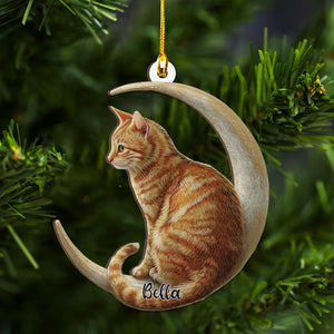 Personalized Tabby Cat on Moon Wood Christmas Ornament Flat 2D Ash Plywood Cutout | Holiday Tree Keepsake Gift Cat Lovers & Pets