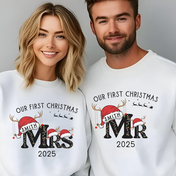 Personalized Couple Christmas Matching Sweatshirts, Mr Mrs Couple Christmas Matching Sweater, First Christmas Married Xmas Couple Shirt Gift