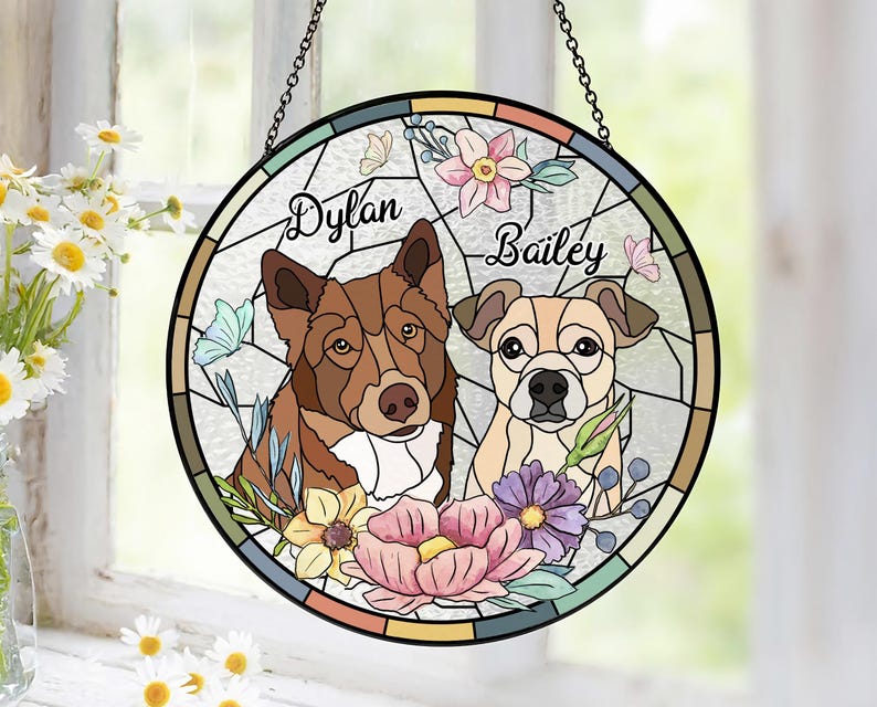 Custom Pet Stained Glass Suncatcher, Personalized Dog Memorial Portrait Suncatcher, Dog Cat Loss Glass Suncatcher, Pet Memorial Gift