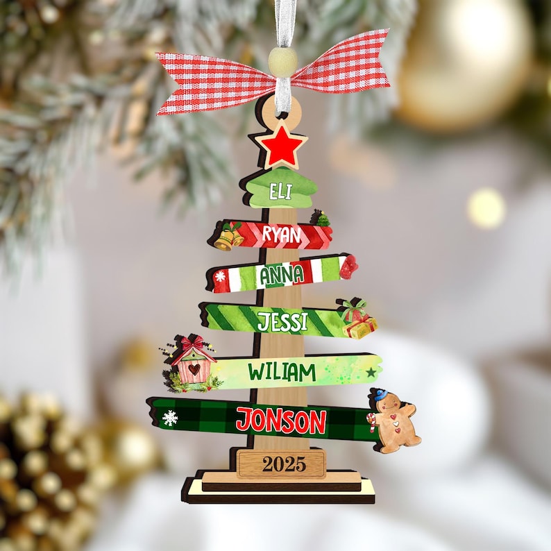 Our Family Christmas Tree Personalized Ornament Custom Wood Christmas Ornament, Holiday Gift for Mom Dad Kids, Family Keepsake Decoration