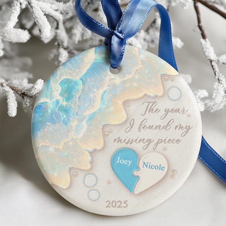 The Year I Found My Missing Piece Ornament, Custom Couple Sea Glass Ornament, Christmas Gift for Him or Her, Newly Wed Gift, Christmas Decor