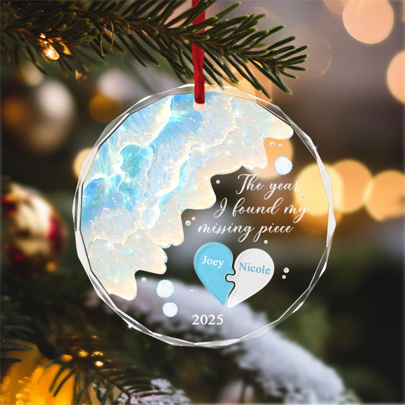 The Year I Found My Missing Piece Ornament, Custom Couple Sea Glass Ornament, Christmas Gift for Him or Her, Newly Wed Gift, Christmas Decor.