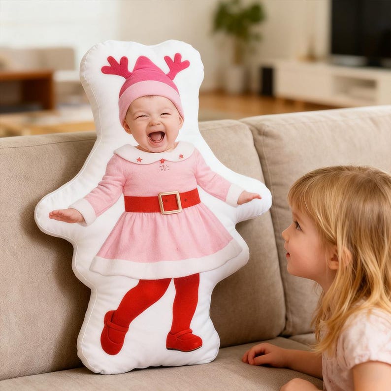 Custom Baby Photo Pillow Personalized Christmas Santa Cushion, Holiday Elf Doll Pillow, Unique Baby Gift Keepsake, Christmas Decor