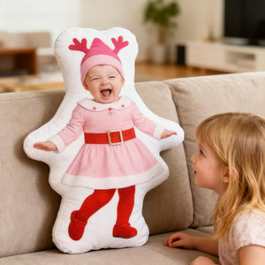 Custom Baby Photo Pillow Personalized Christmas Santa Cushion, Holiday Elf Doll Pillow, Unique Baby Gift Keepsake, Christmas Decor