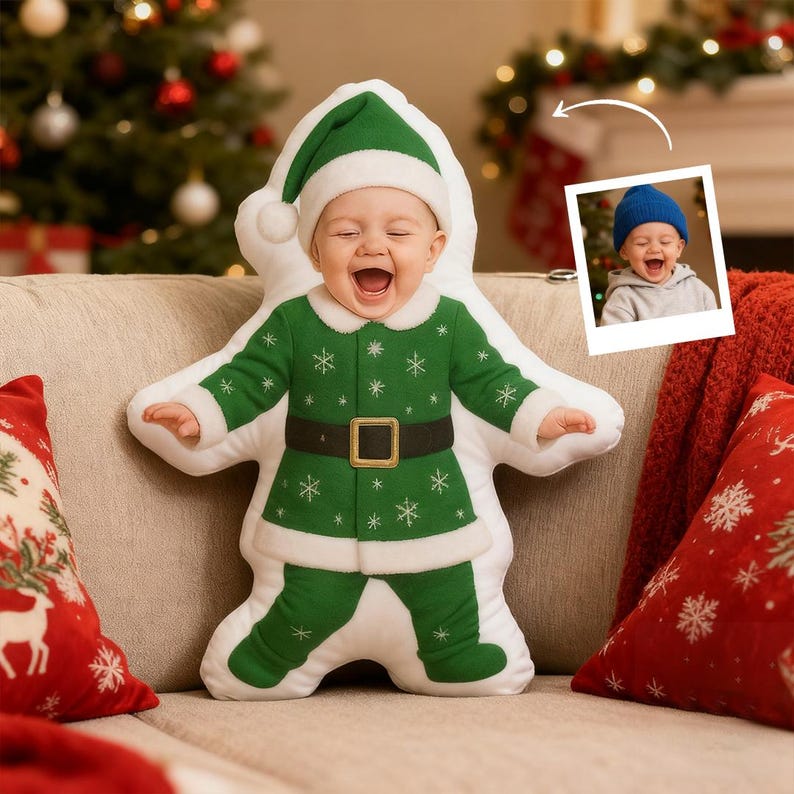 Custom Baby Photo Pillow Personalized Christmas Santa Cushion, Holiday Elf Doll Pillow, Unique Baby Gift Keepsake, Christmas Decor