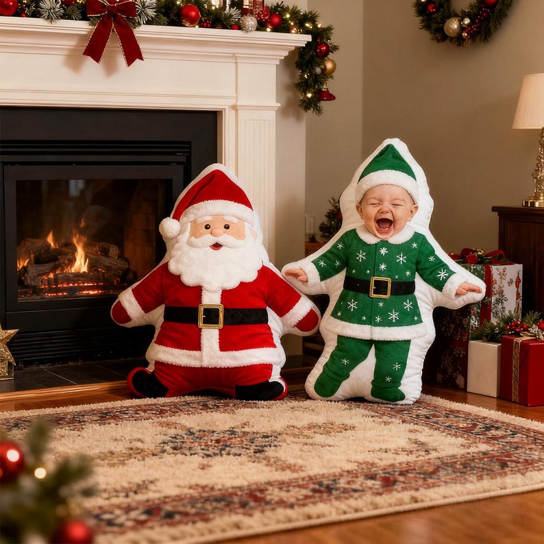 Custom Baby Photo Pillow Personalized Christmas Santa Cushion, Holiday Elf Doll Pillow, Unique Baby Gift Keepsake, Christmas Decor