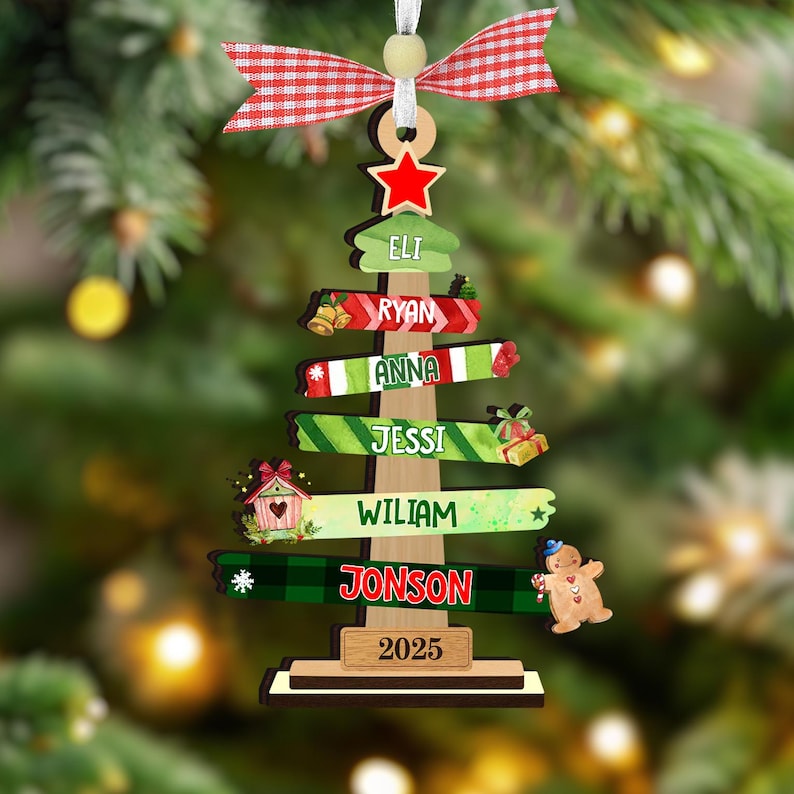 Our Family Christmas Tree Personalized Ornament Custom Wood Christmas Ornament, Holiday Gift for Mom Dad Kids, Family Keepsake Decoration