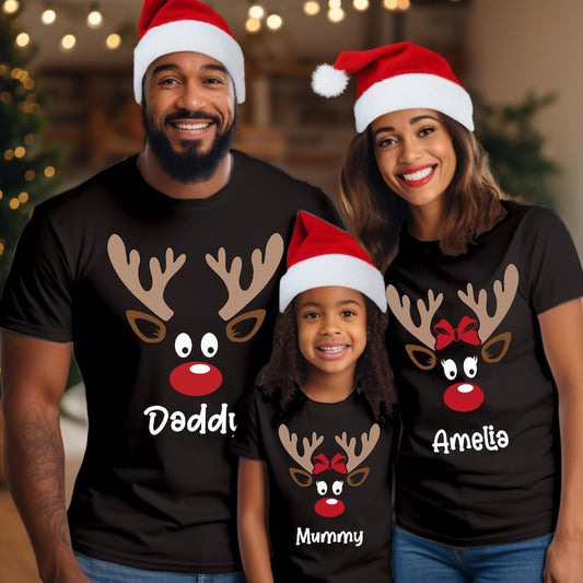 Personalised Reindeer Family Matching Christmas Shirt, Custom Name Kids & Adult Tee, Holiday Photo Outfit Gift, Xmas Crew Group