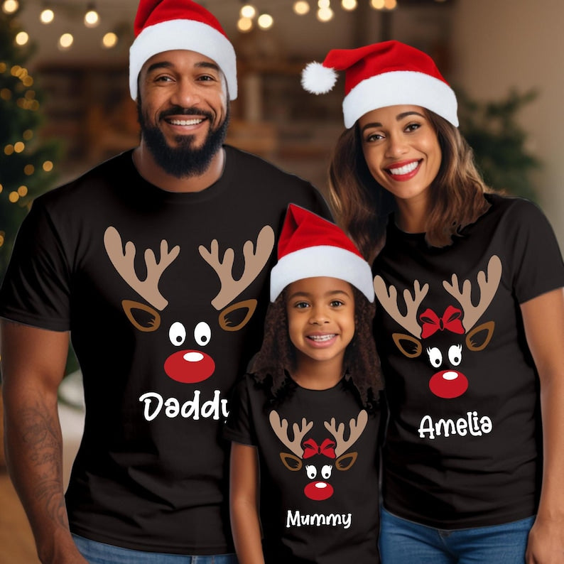 Personalised Reindeer Family Matching Christmas Shirt, Custom Name Kids & Adult Tee, Holiday Photo Outfit Gift, Xmas Crew Group