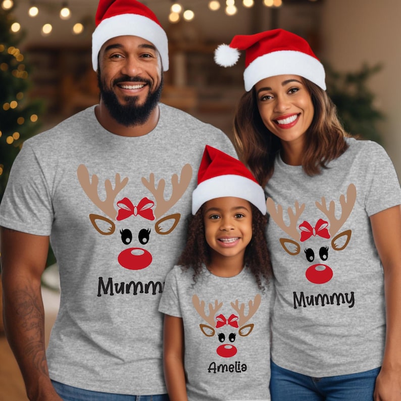 Personalised Reindeer Family Matching Christmas Shirt, Custom Name Kids & Adult Tee, Holiday Photo Outfit Gift, Xmas Crew Group