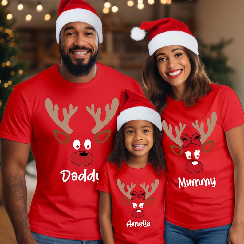 Personalised Reindeer Family Matching Christmas Shirt, Custom Name Kids & Adult Tee, Holiday Photo Outfit Gift, Xmas Crew Group