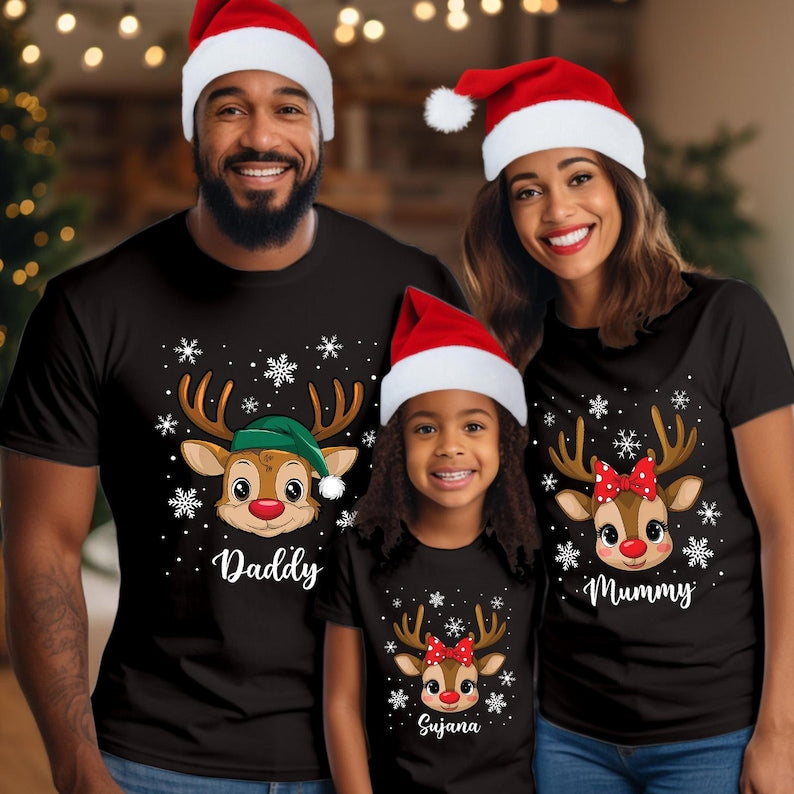 Personalised Reindeer Family Christmas T-Shirt Set, Matching Custom Name Xmas Shirt, Mummy Daddy Kids Holiday Gift Costume Outfit
