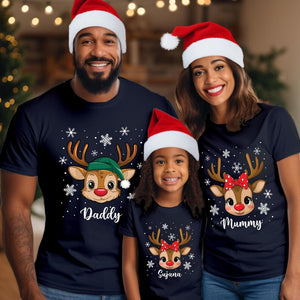 Personalised Reindeer Family Christmas T-Shirt Set, Matching Custom Name Xmas Shirt, Mummy Daddy Kids Holiday Gift Costume Outfit