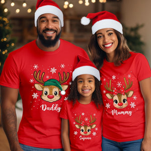 Personalised Reindeer Family Christmas T-Shirt Set, Matching Custom Name Xmas Shirt, Mummy Daddy Kids Holiday Gift Costume Outfit