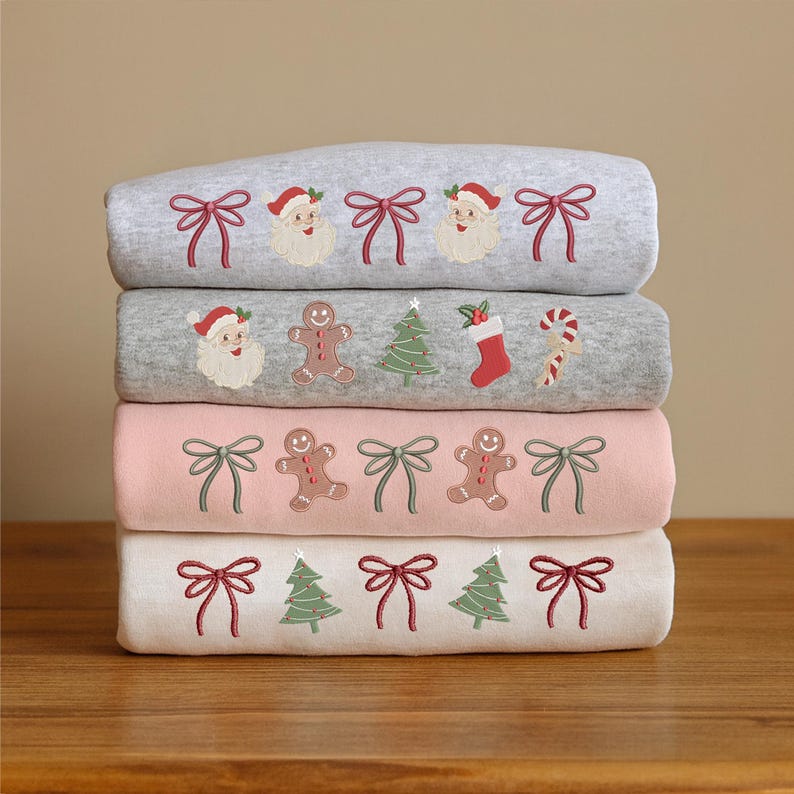 Coquette Christmas Embroidered Bundle Sweatshirt, Christmas Tree Embroidery Sweatshirt, Christmas Embroidery Sweatshirt, Embroidered Gingerbread, Cute Bow