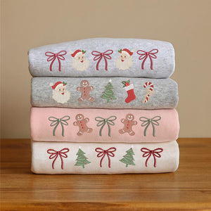 Coquette Christmas Embroidered Bundle Sweatshirt, Christmas Tree Embroidery Sweatshirt, Christmas Embroidery Sweatshirt, Embroidered Gingerbread, Cute Bow