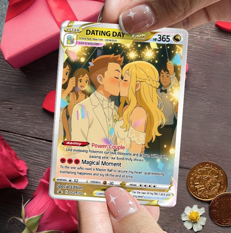 Personalized Poke Love Acrylic Card, Custom Anime Themed Couple Gift with Photo, Unique Anniversary Present for Gamer Husband or Boyfriend.