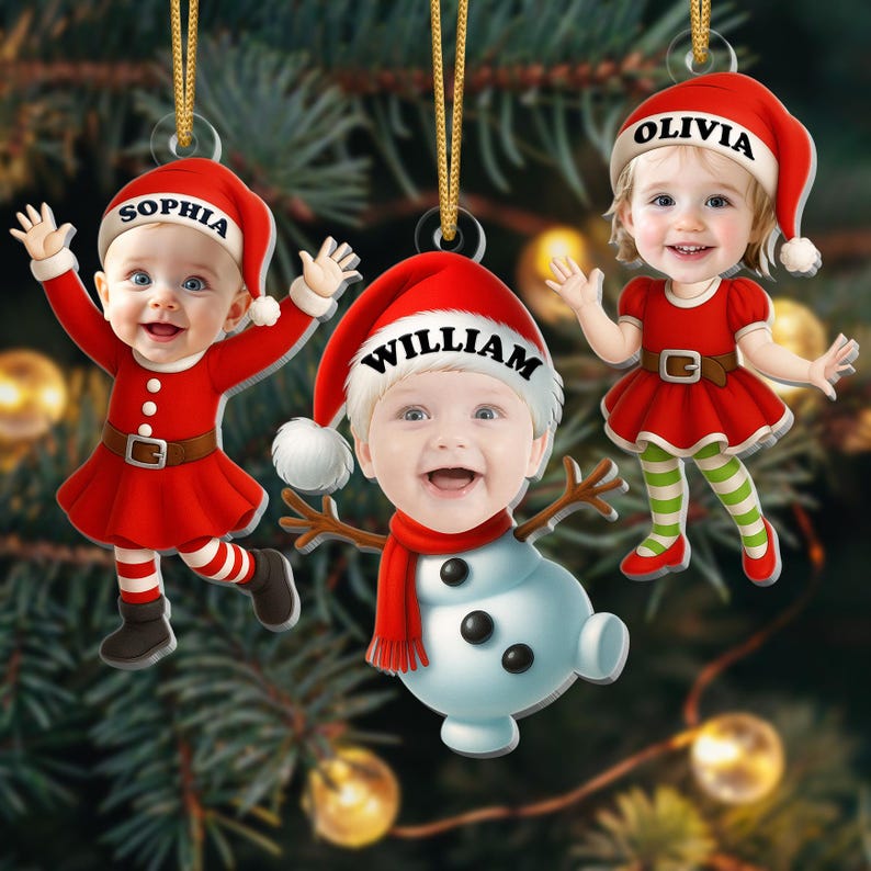 Personalized Baby's First Christmas Photo Ornament: Santa, Reindeer, Snowman