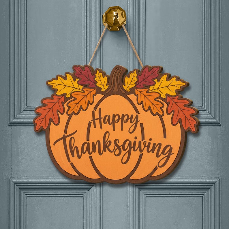 Personalized Thanksgiving Wooden Sign Happy Thanksgiving Pumpkin & Leaves Door Decor