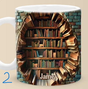 Personalized Bookshelf Mug Custom Name Library Cup, Cozy Reading Gift for Bookworms