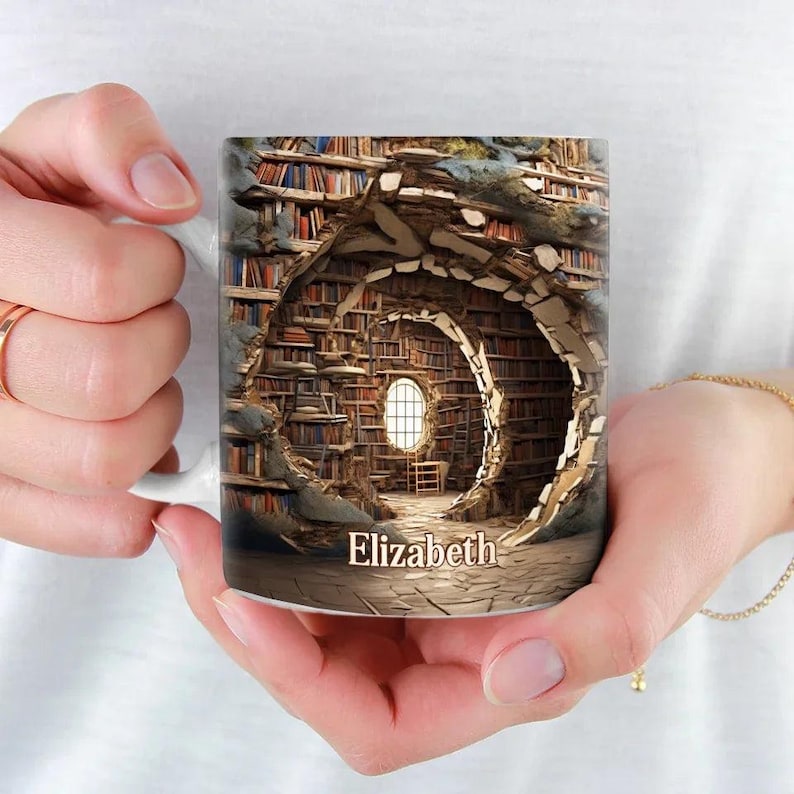 Personalized Bookshelf Mug Custom Name Library Cup, Cozy Reading Gift for Bookworms