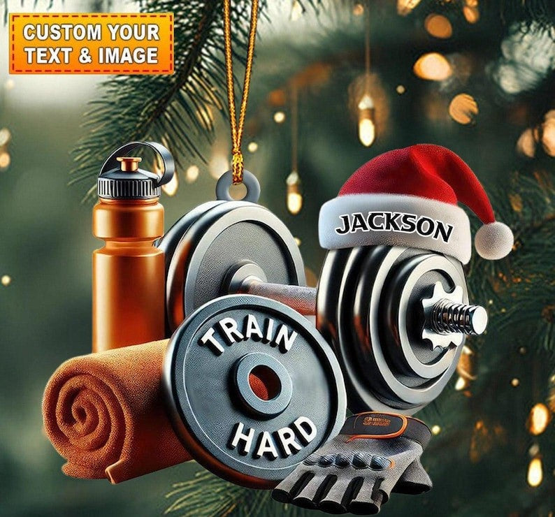 Personalized Gym Ornament, Train Hard Dumbbell Christmas Gift for Gym Lovers, Custom Fitness Coach Xmas Decor, Workout Motivation Keepsake