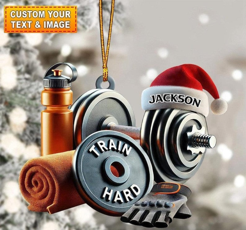 Personalized Gym Ornament, Train Hard Dumbbell Christmas Gift for Gym Lovers, Custom Fitness Coach Xmas Decor, Workout Motivation Keepsake