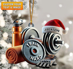 Personalized Gym Ornament, Train Hard Dumbbell Christmas Gift for Gym Lovers, Custom Fitness Coach Xmas Decor, Workout Motivation Keepsake