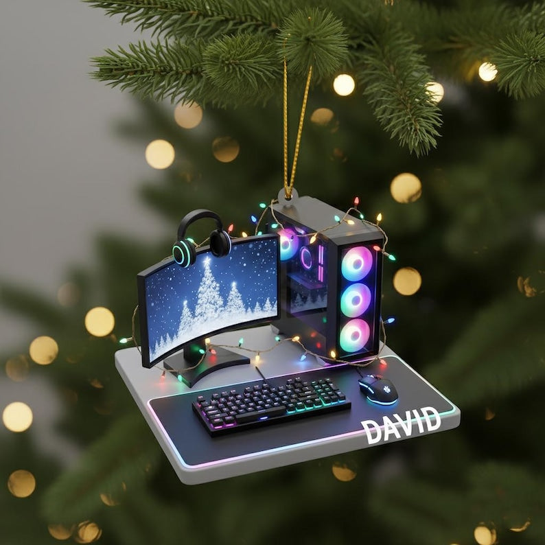 Personalized Gamer PC Ornament, Custom Gaming Computer Christmas Decoration with Name, RGB Lights Desk Setup Gift for Gamers