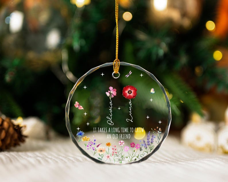 Personalized Stained Glass Friendship Ornament,Best Friend Birth Flower Ornament With Name,It Takes A Long Time To Grow An Old Friend