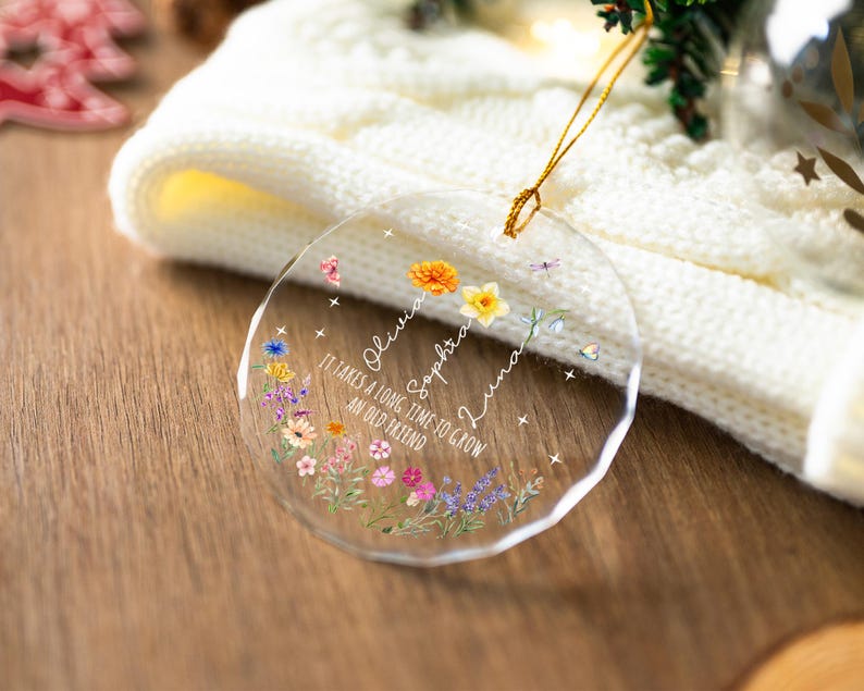 Personalized Stained Glass Friendship Ornament,Best Friend Birth Flower Ornament With Name,It Takes A Long Time To Grow An Old Friend