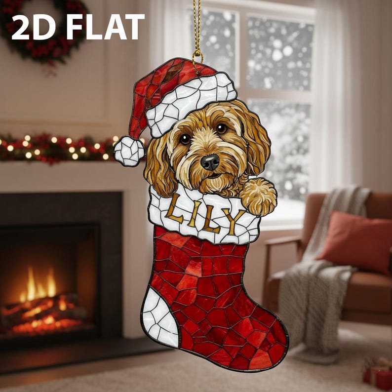 Goldendoodle Christmas 2D FLAT Ornament, Personalized Dog Stocking Decoration, Custom Pet Name Xmas Tree Gift for Dog Lovers