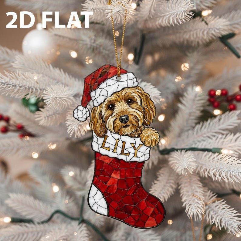 Goldendoodle Christmas 2D FLAT Ornament, Personalized Dog Stocking Decoration, Custom Pet Name Xmas Tree Gift for Dog Lovers
