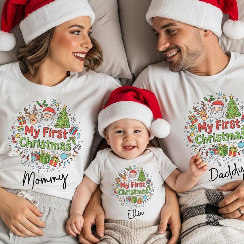 First Christmas Shirt, Personalized Baby First Christmas T-shirt, Mom and Dad First Christmas Shirts, Custom Christmas Family