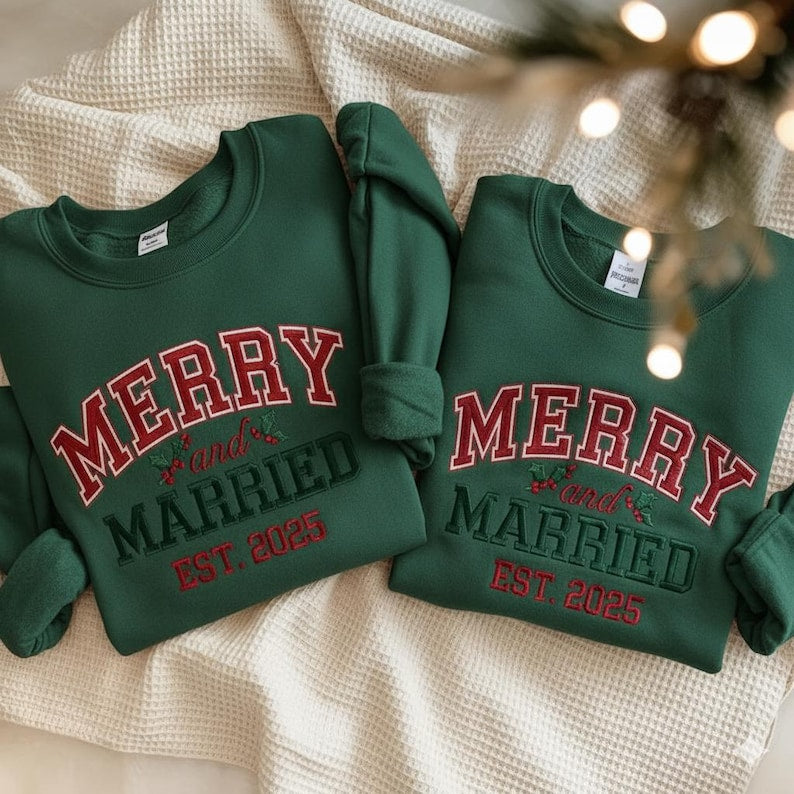 EMBROIDERED Merry and Married Sweatshirt, Christmas Newlywed Matching Couple Sweaters, Christmas Wedding Sweater, Christmas Couple Shirts