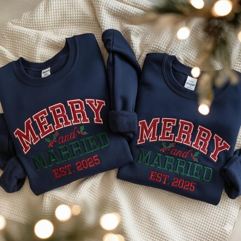 EMBROIDERED Merry and Married Sweatshirt, Christmas Newlywed Matching Couple Sweaters, Christmas Wedding Sweater, Christmas Couple Shirts