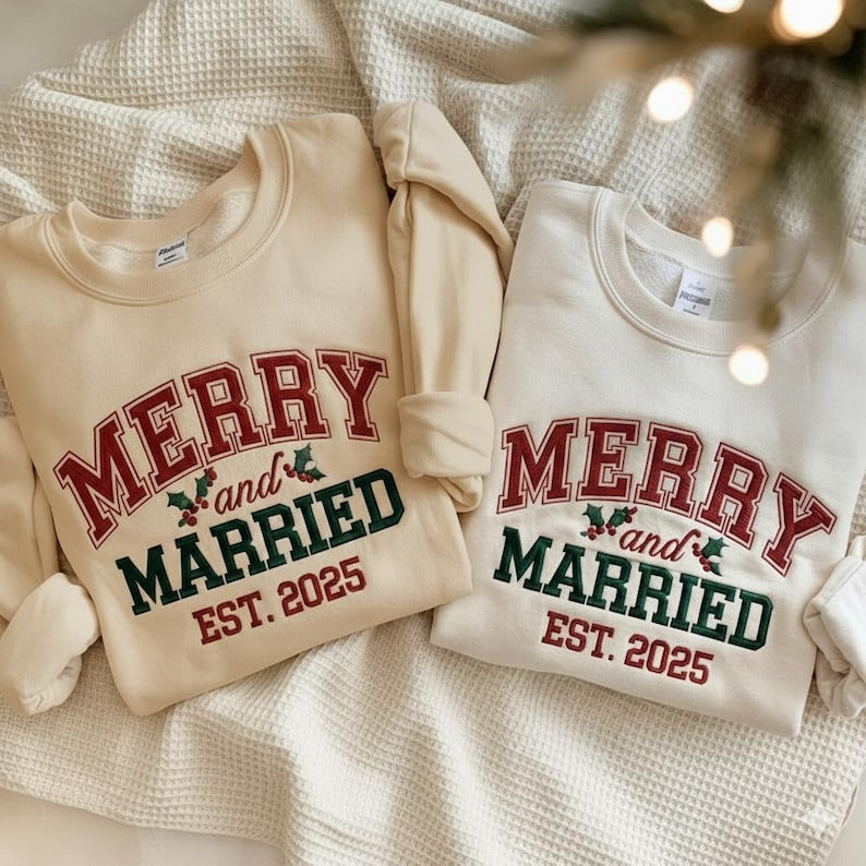 EMBROIDERED Merry and Married Sweatshirt, Christmas Newlywed Matching Couple Sweaters, Christmas Wedding Sweater, Christmas Couple Shirts